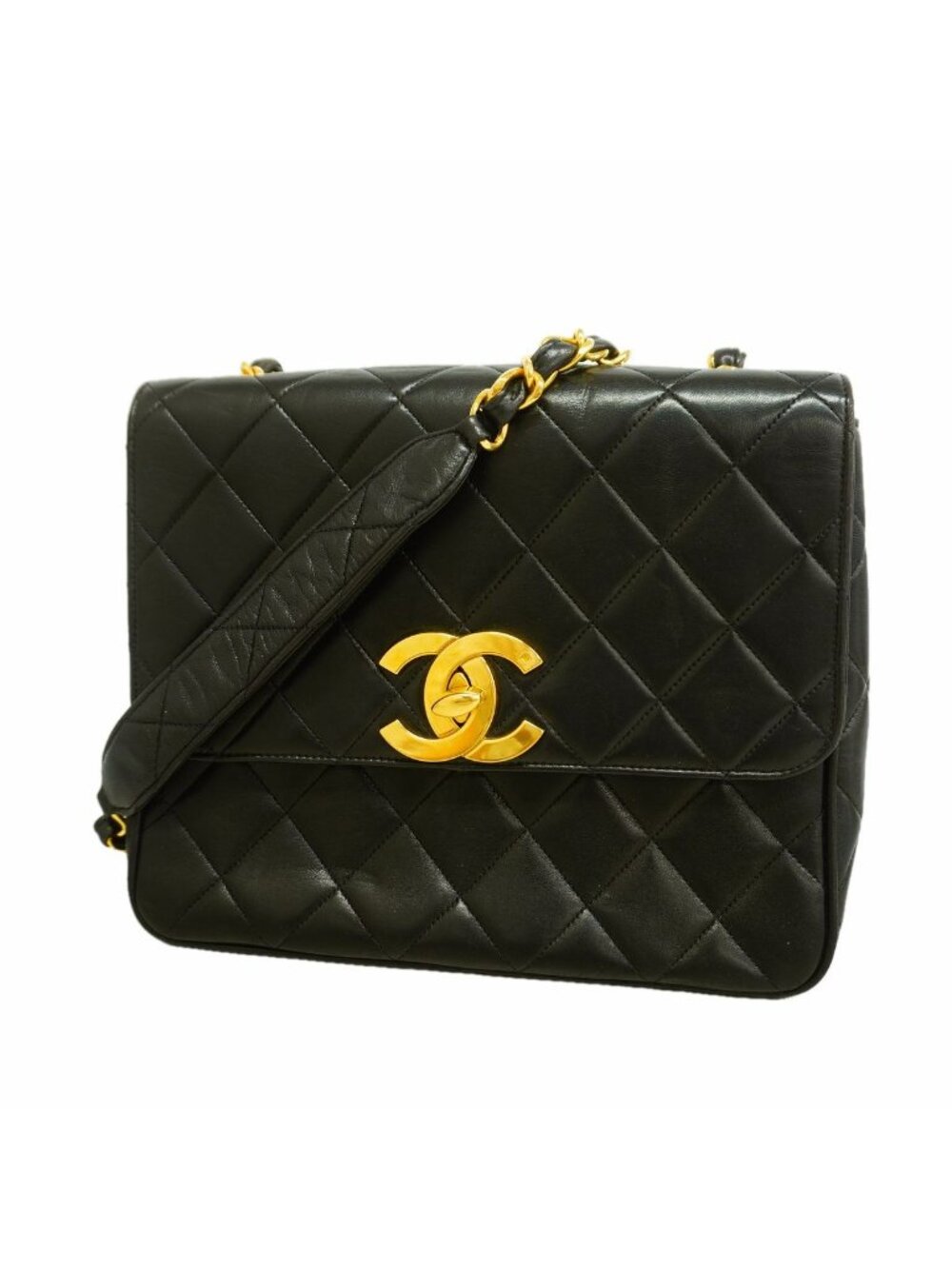 Chanel Shoulder Bag Quilted Lambskin Black Gold